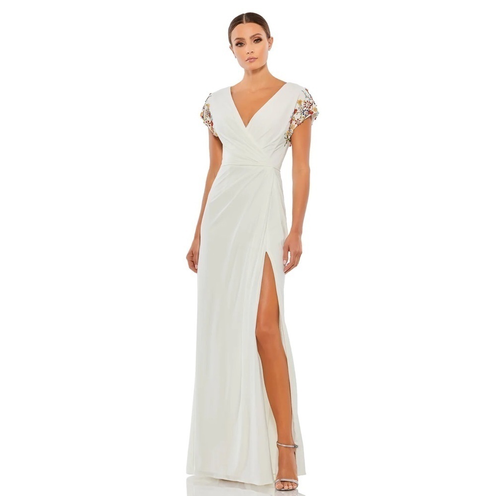 Mac Duggal | 55709 Embellished Sleeve Jersey Wrap Gown In White Size 4 NEW